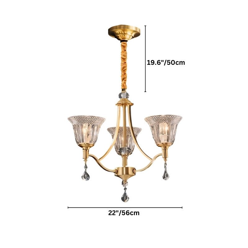 "Dimensions diagram of a 3-light chandelier with an elegant iron frame, curved arms, intricate glass shades, and crystal accents, showing measurements."