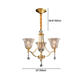 "Dimensions diagram of a 3-light chandelier with an elegant iron frame, curved arms, intricate glass shades, and crystal accents, showing measurements."