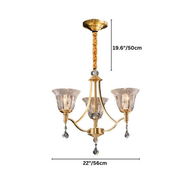 "Dimensions diagram of a 3-light chandelier with an elegant iron frame, curved arms, intricate glass shades, and crystal accents, showing measurements."