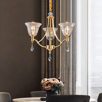 "Elegant 3-light chandelier with an iron frame, curved arms, glass shades, and crystal accents hangs in a dining room, creating a timeless ambiance."