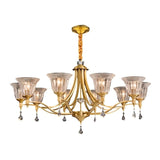 "Elegant 8-light chandelier with an iron frame, curved arms, glass shades, and crystal accents, creating a timeless statement piece."