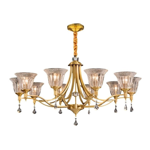 "Elegant 8-light chandelier with an iron frame, curved arms, glass shades, and crystal accents, creating a timeless statement piece."