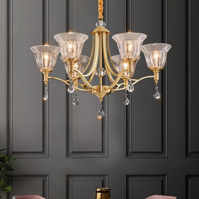"Elegant chandelier with an iron frame, curved arms, glass shades, and crystal accents hangs in a classic dining room, creating a timeless ambiance."