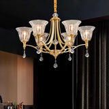 "Close-up of a classic chandelier with an elegant iron frame, gracefully curved arms, intricate glass shades, and crystal accents."