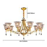 "Dimensions diagram of an elegant chandelier with an iron frame, curved arms, glass shades, and crystal accents, showing measurements."