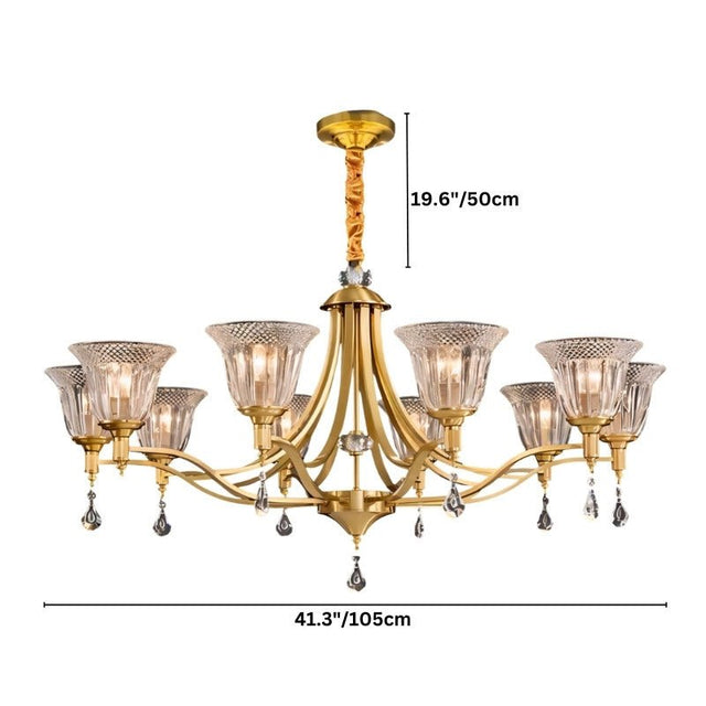 "Dimensions diagram of an elegant chandelier with an iron frame, curved arms, glass shades, and crystal accents, showing measurements."