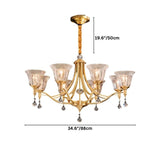 "Dimensions diagram of an elegant chandelier with an iron frame, curved arms, glass shades, and crystal accents, showing measurements."