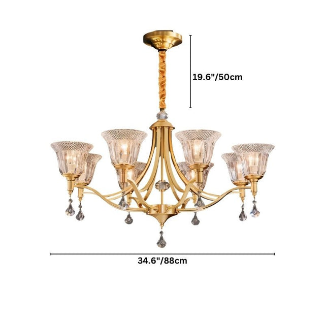 "Dimensions diagram of an elegant chandelier with an iron frame, curved arms, glass shades, and crystal accents, showing measurements."