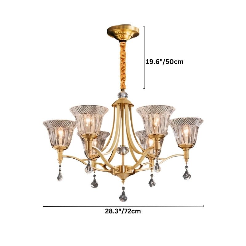 "Dimensions diagram of an elegant chandelier with an iron frame, curved arms, glass shades, and crystal accents, showing measurements."