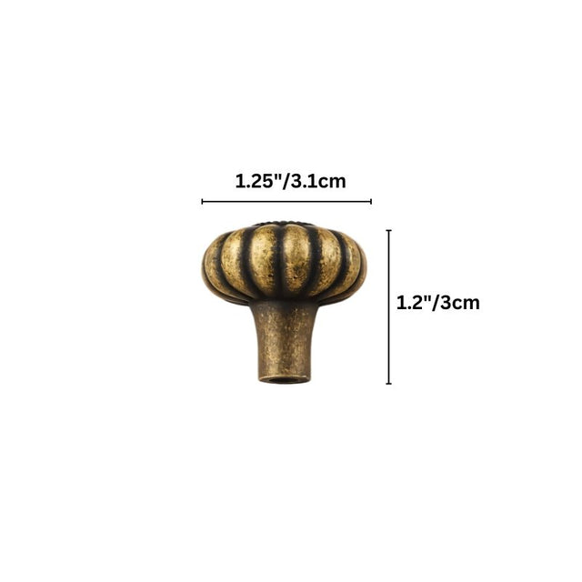 "Dimensions of a vintage brass flower-shaped knob with bold, rounded petals: 1.25 inches in diameter and 1.2 inches in height."