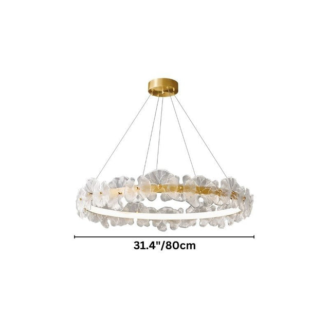 "A circular chandelier with sculpted glass petals and an iron frame, showing product dimensions."