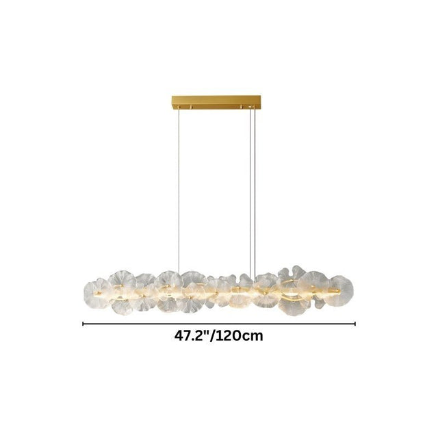 "A linear chandelier with sculpted glass petals and an iron frame, showing product dimensions."