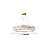 "A small circular chandelier with sculpted glass petals and an iron frame, showing product dimensions."