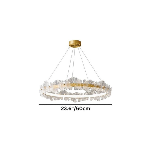 "A small circular chandelier with sculpted glass petals and an iron frame, showing product dimensions."