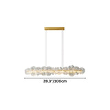 "A small linear chandelier with sculpted glass petals and an iron frame, showing product dimensions."