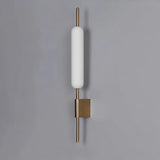 "Modern minimalist wall lamp with a cylindrical glass diffuser and a sleek iron frame."