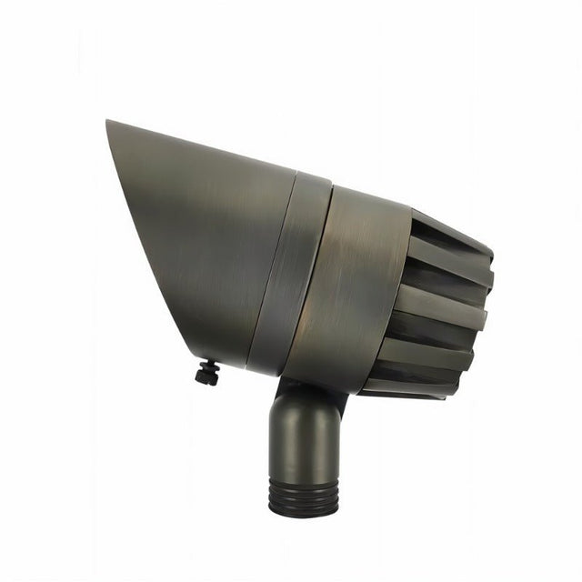 "Outdoor spotlight with adjustable beam angle and die-cast brass construction."