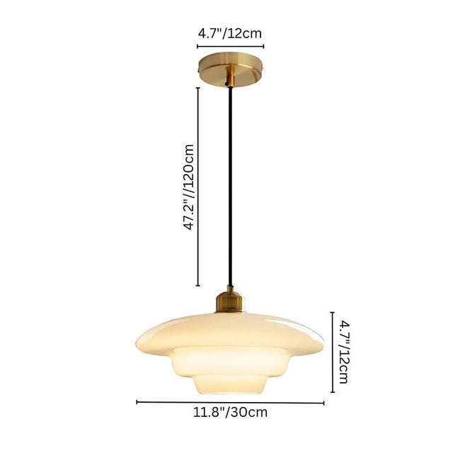"Size dimensions of the Niall pendant light, featuring a 12cm suspension and 30cm wide glass shade."