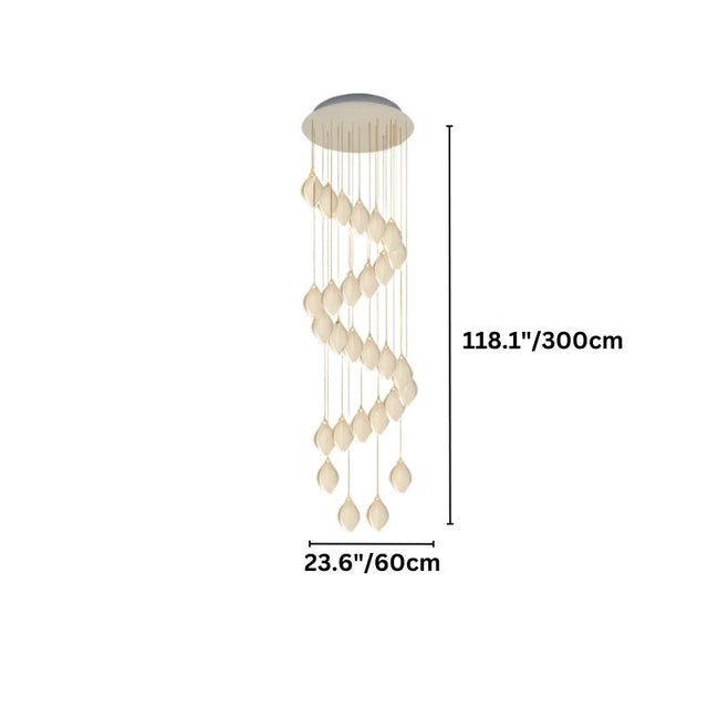 Nica Chandelier – Elegant Lighting for Modern Interiors in a spiral drop with 28 lights and measurements, perfect for staircases or atriums.