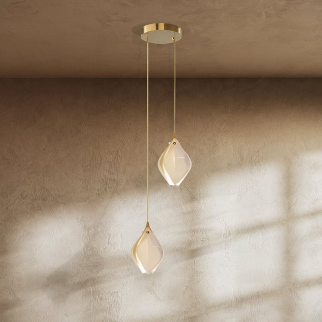 Nica Chandelier – Elegant Lighting for Modern Interiors with two petal-shaped porcelain lights suspended from a gold ceiling mount, ideal for hallways.