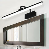 "A black LED vanity light mounted above a dark wood-framed bathroom mirror with a sink and faucet."