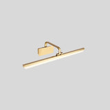 "A gold-finish LED vanity light with a sleek, elongated design and evenly diffused illumination."