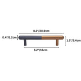 "Dimensions of a minimalist aluminum pull bar handle with a copper and black finish, shown with measurements in inches and centimeters."