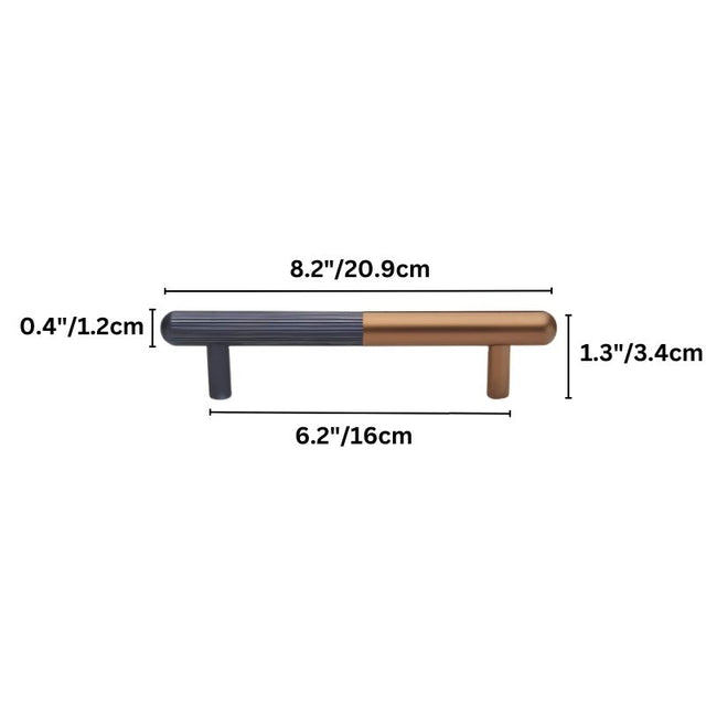 "Dimensions of a minimalist aluminum pull bar handle with a copper and black finish, shown with measurements in inches and centimeters."
