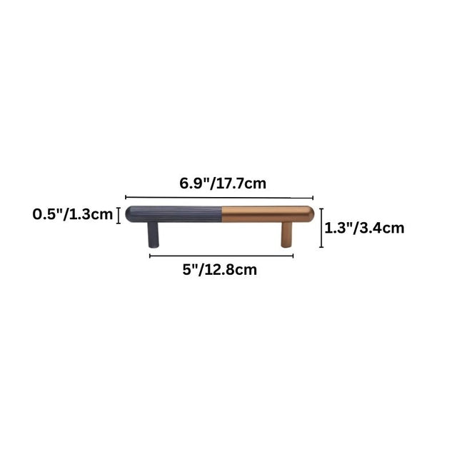 "Dimensions of a minimalist aluminum pull bar handle with a copper and black finish, shown with measurements in inches and centimeters."