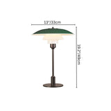 "Nisra Table Lamp with green top shade and frosted glass diffuser, showing dimensions of 13 inches (33 cm) width and 19.2 inches (49 cm) height, crafted from aluminum, iron, and glass."