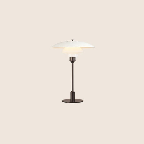 "Nisra Table Lamp with a white top shade and frosted glass diffuser, crafted from aluminum, iron, and glass, offering soft, ambient lighting in a modern minimalist design."