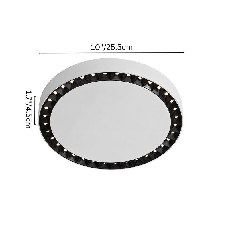 "The Nival ceiling light, featuring a 10” diameter and 1.7” height, made from durable acrylic and aluminum, providing efficient lighting with intricate accent details."