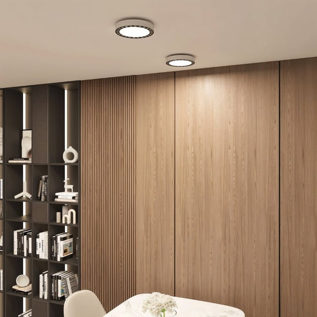 "The Nival ceiling light, featuring a sleek, circular design with intricate details, installed in a modern room, providing stylish and efficient illumination with durable acrylic and aluminum materials."