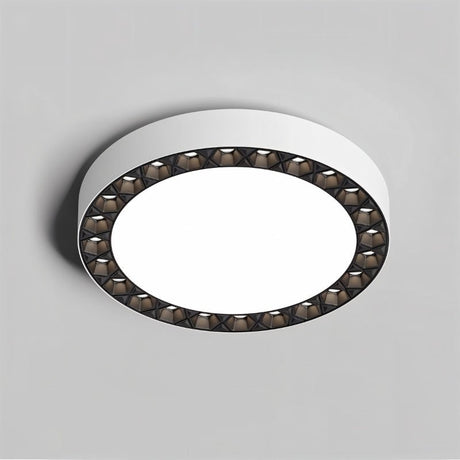 "A close-up of the Nival ceiling light showcasing its intricate pattern around the edges, made from durable acrylic and aluminum, offering a sophisticated, modern look for contemporary interiors."