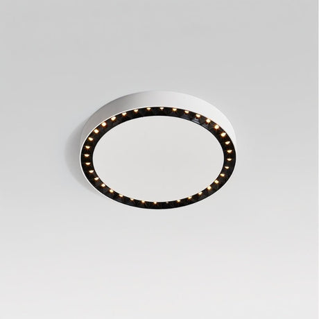 "The Nival ceiling light’s sleek, circular design with black accent details is perfect for modern living spaces, crafted with durable acrylic and aluminum for reliable lighting."