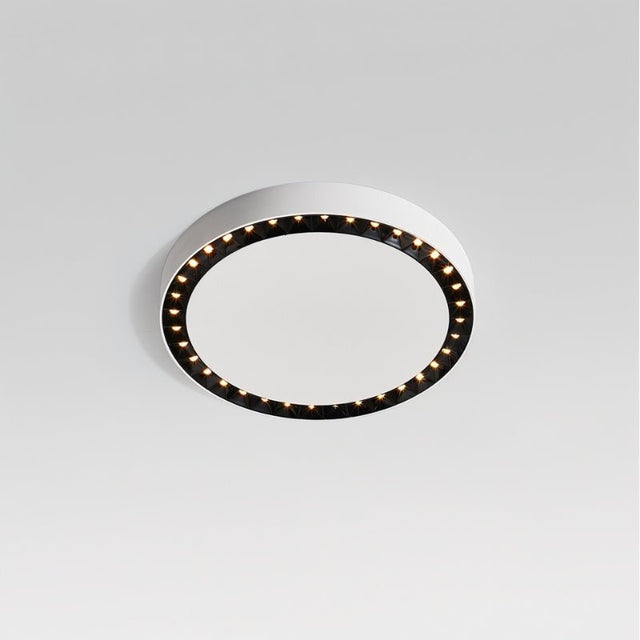 "The Nival ceiling light’s sleek, circular design with black accent details is perfect for modern living spaces, crafted with durable acrylic and aluminum for reliable lighting."