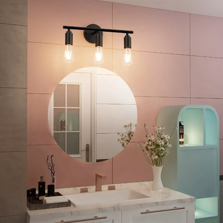 "3-light industrial wall sconce in a modern bathroom setting with a round mirror."