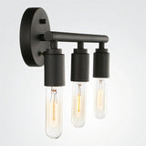 "Black 3-light industrial wall sconce with a minimalist design and exposed bulbs."