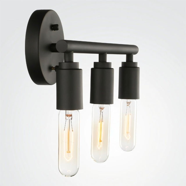"Black 3-light industrial wall sconce with a minimalist design and exposed bulbs."
