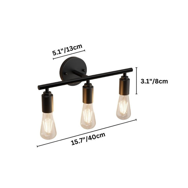 "Dimensions of a 3-light industrial wall sconce, showing 15.7 inches in length, 5.1 inches in height, and 3.1 inches in depth."