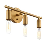 "Gold 3-light industrial wall sconce with a minimalist design on a white background."