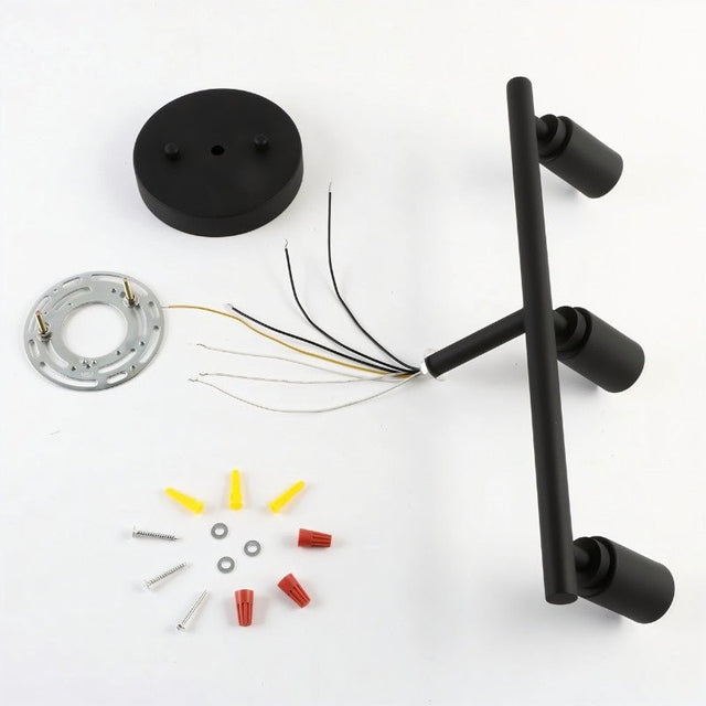 "Parts of a 3-light industrial wall sconce including the mounting plate, light fixture, and wiring components."