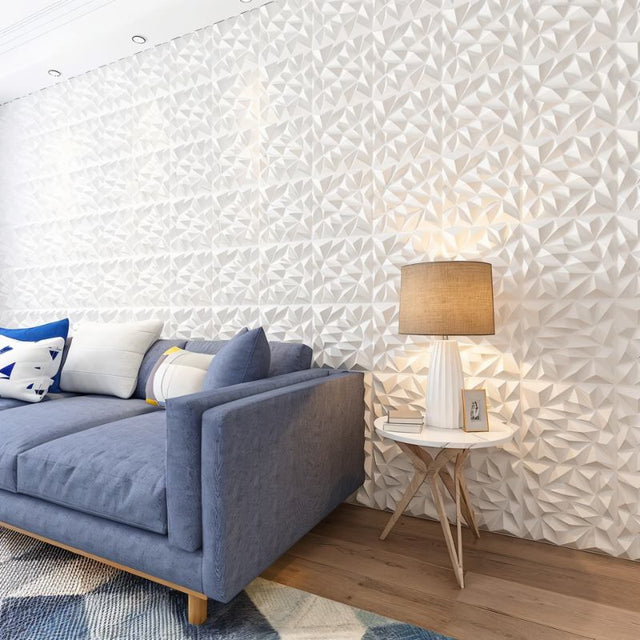 Modern living room with Nubain Wall Panel featuring 3D geometric PVC design, ideal for stylish interior wall decor and home improvement.