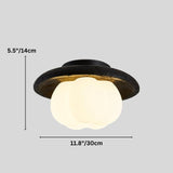 "A ceiling light with a black travertine frame and a cloud-shaped, white acrylic shade, showing dimensions of 5.5 inches/14 cm height and 11.8 inches/30 cm width."
