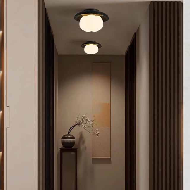 "Two ceiling lights with black travertine frames and cloud-shaped acrylic shades, illuminating a hallway with artwork and a decorative vase."