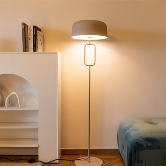 "A modern floor lamp with a grey dome shade and brass accents stands next to a white console with books in a contemporary living room, providing a warm, ambient glow."