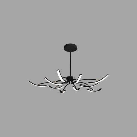 "A slightly angled view of a modern black chandelier with twelve curved branches, each tipped with a white light, against a gray background."