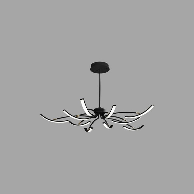"A slightly angled view of a modern black chandelier with twelve curved branches, each tipped with a white light, against a gray background."