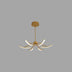"A wide view of a gold chandelier with six curved arms, each tipped with a white light, against a gray background."
