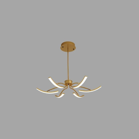 "A wide view of a gold chandelier with six curved arms, each tipped with a white light, against a gray background."